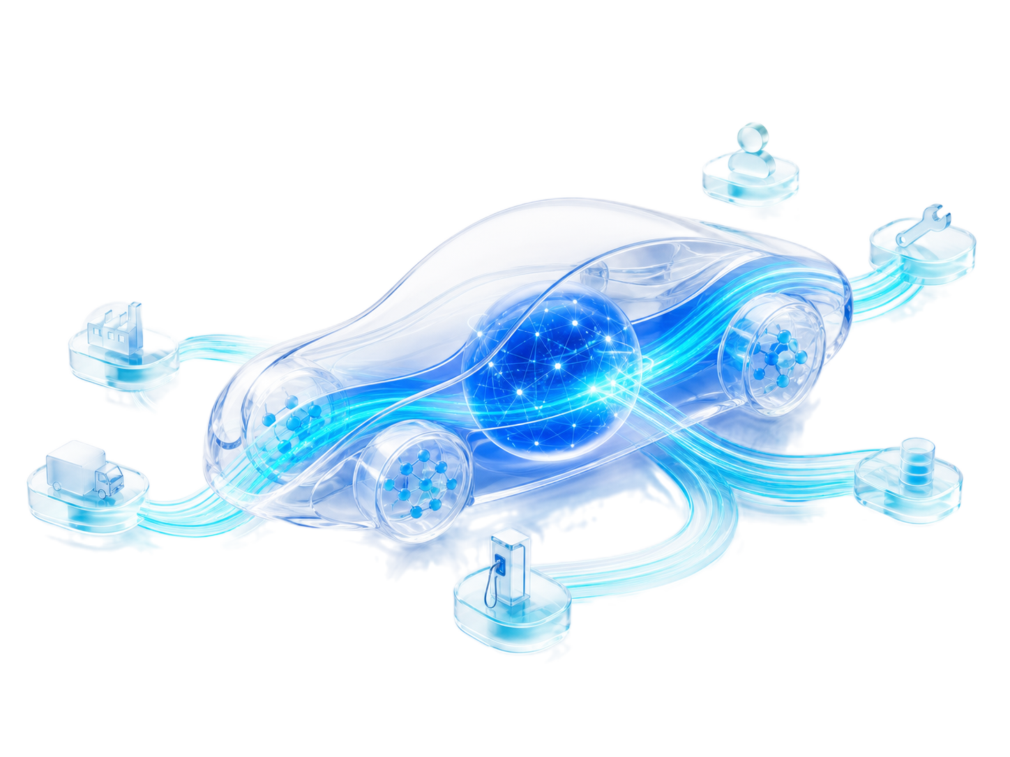 Glass automotive data network connecting manufacturing, logistics, service, EV and buyer signals