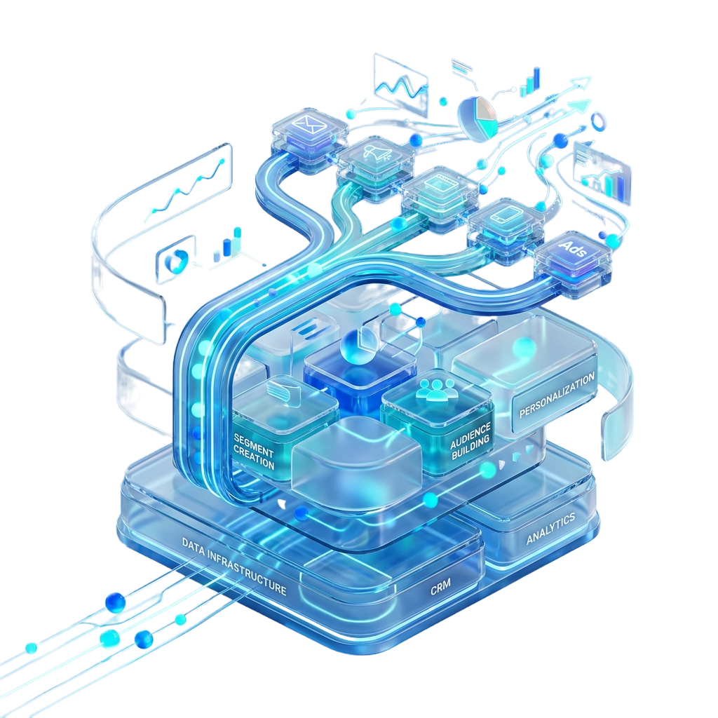 Glowing stacked data system representing cross-channel campaign orchestration