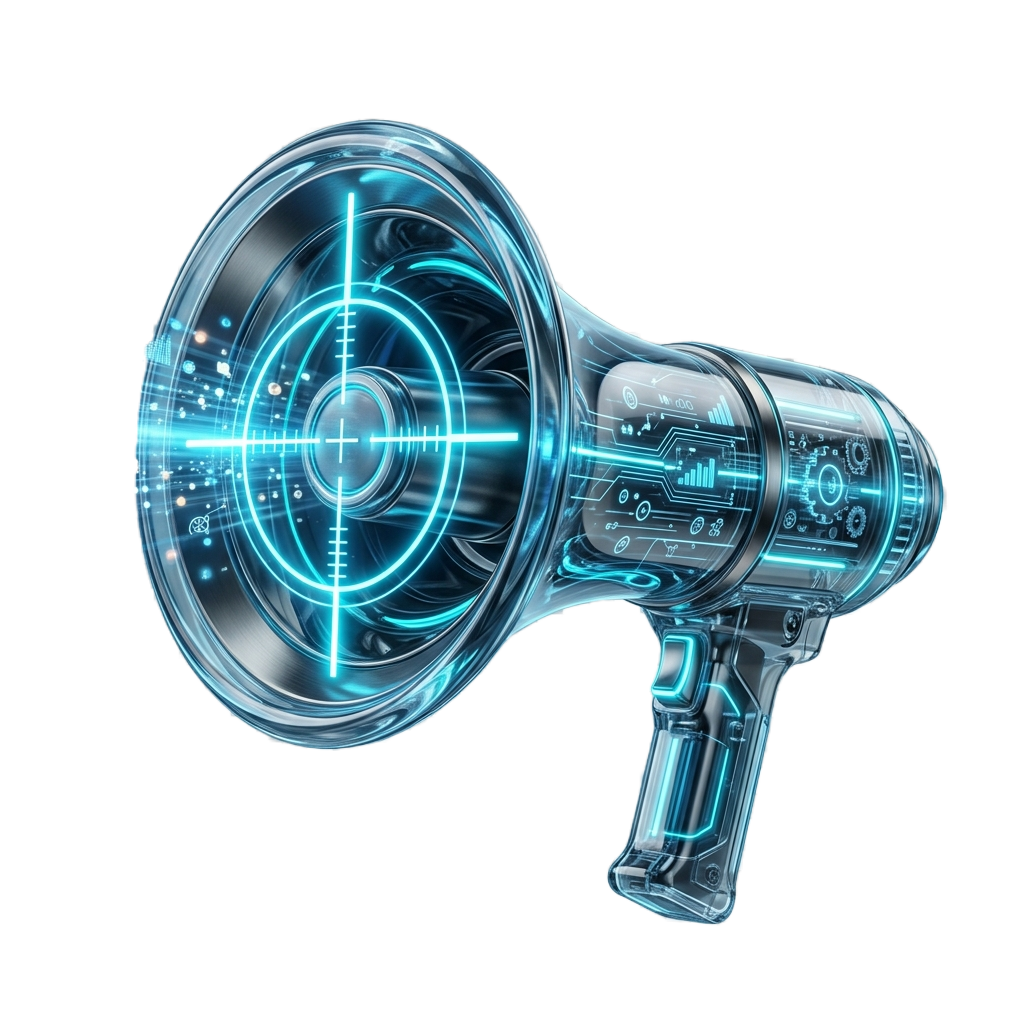 3D megaphone surrounded by data signals for B2B paid media targeting