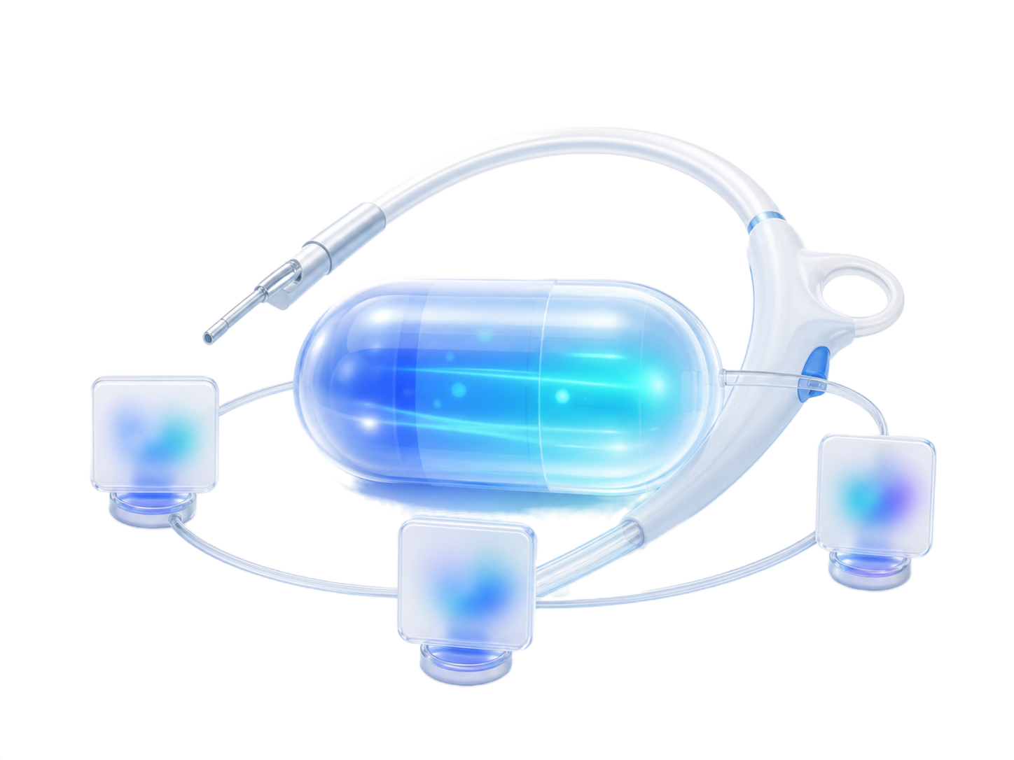A glass capsule and medical instrument connected to illuminated data nodes